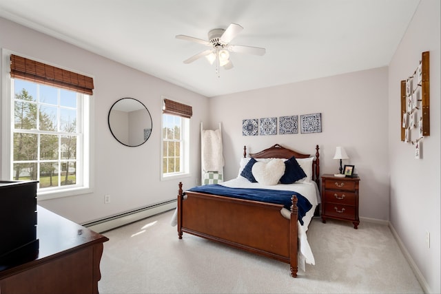 bedroom featuring carpet, baseboards, ceiling fan, and baseboard heating
