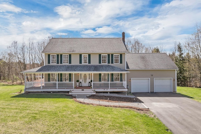 view of front of property with a garage, aphalt driveway, covered porch, a front yard, and a chimney