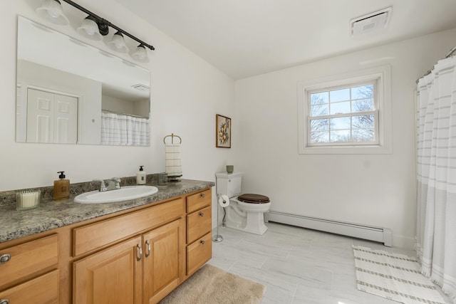 bathroom with visible vents, baseboard heating, toilet, and vanity