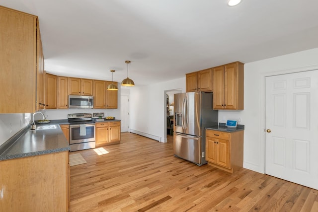 kitchen featuring light wood-type flooring, a sink, appliances with stainless steel finishes, and dark countertops