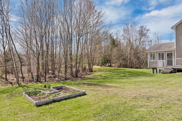 view of yard with a garden and a deck