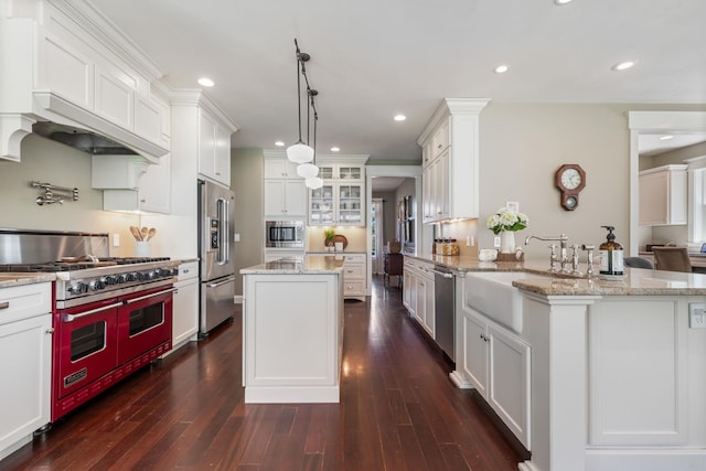 kitchen with high quality appliances, dark wood-style floors, custom exhaust hood, and a sink