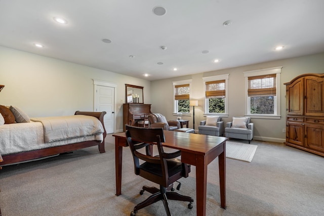 bedroom with recessed lighting, baseboards, and light colored carpet