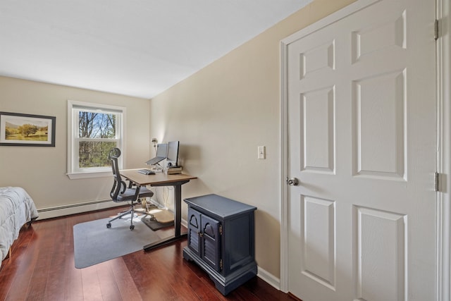 home office featuring dark wood-type flooring, a baseboard radiator, and a wood stove