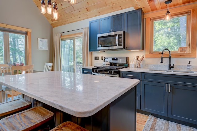 kitchen with a sink, plenty of natural light, stainless steel appliances, wooden ceiling, and vaulted ceiling