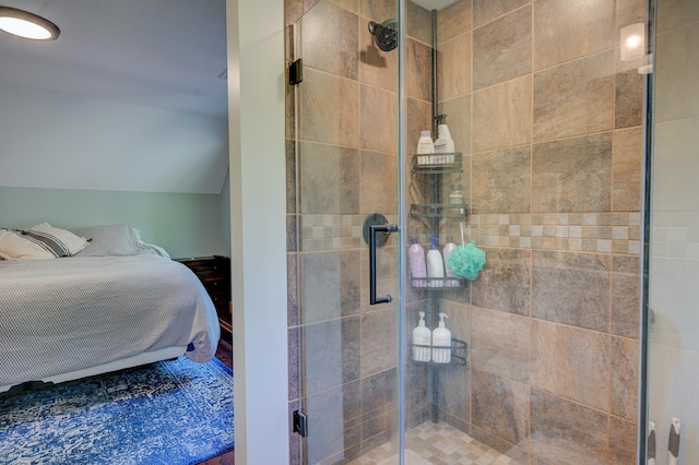 full bath with vaulted ceiling and a stall shower