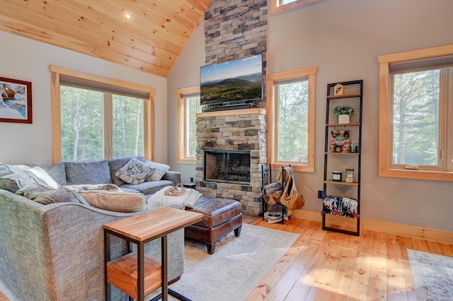 living area featuring baseboards, a wealth of natural light, hardwood / wood-style flooring, and a fireplace