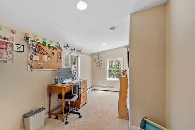 office area featuring baseboards, carpet, and a baseboard heating unit