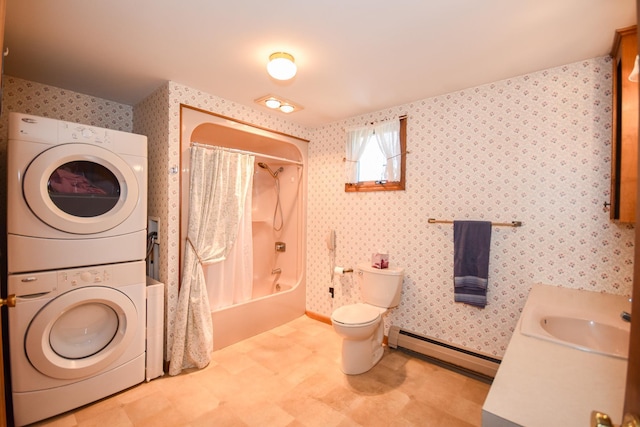 full bathroom featuring baseboard heating, stacked washer and dryer, and wallpapered walls