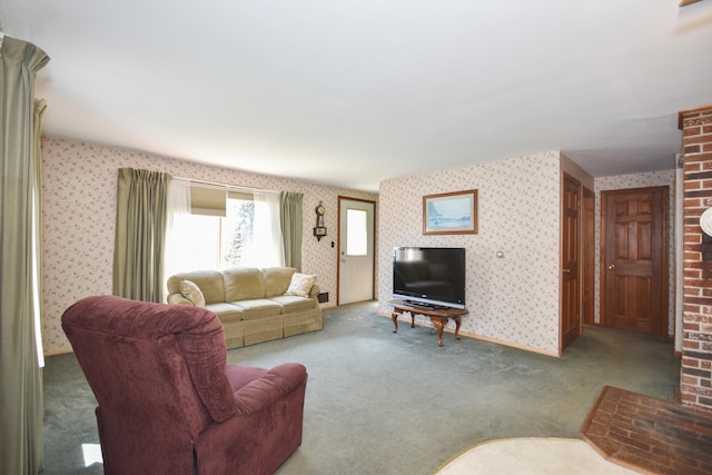 carpeted living room with wallpapered walls