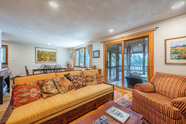 living area with recessed lighting and wood finished floors