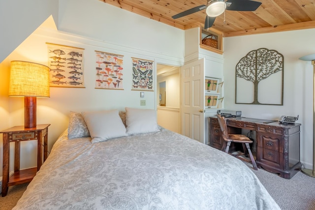 carpeted bedroom featuring wood ceiling and ceiling fan
