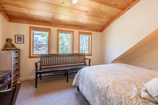 carpeted bedroom featuring wood ceiling and baseboards