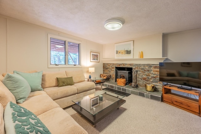living room with a textured ceiling and carpet