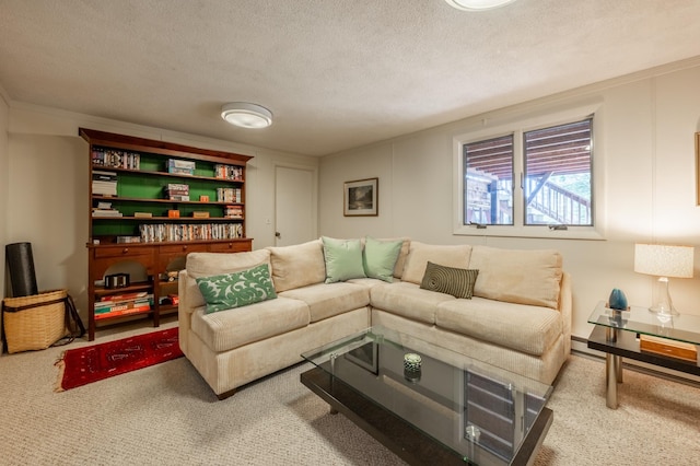 living area featuring carpet and a textured ceiling