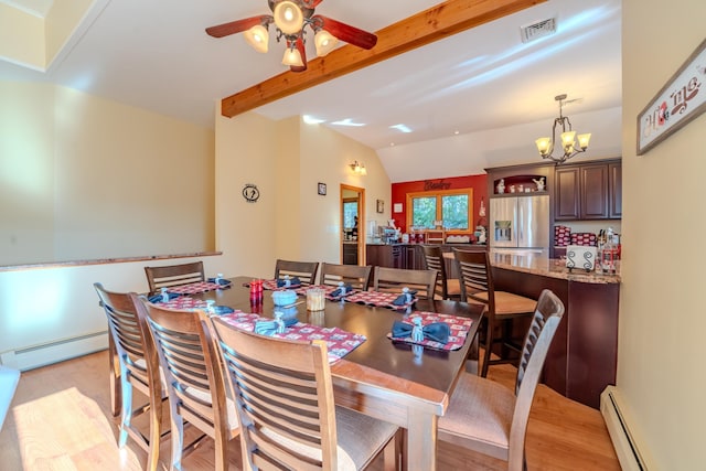 dining area with lofted ceiling with beams, baseboard heating, ceiling fan with notable chandelier, a baseboard radiator, and visible vents