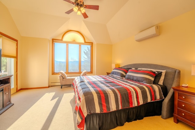 carpeted bedroom with vaulted ceiling, baseboards, a wall unit AC, and a baseboard heating unit