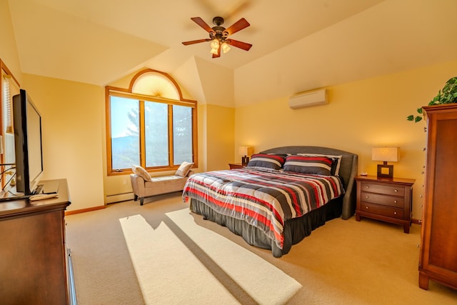 bedroom with carpet flooring, a wall mounted air conditioner, baseboards, lofted ceiling, and a baseboard heating unit