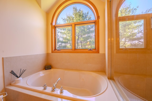 full bath with plenty of natural light and a garden tub