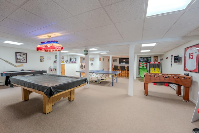 playroom with a drop ceiling, billiards, and carpet