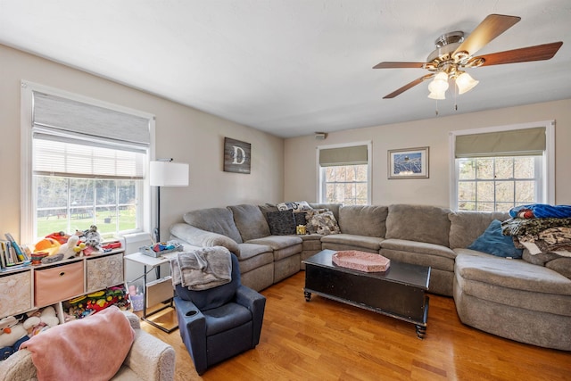 living area with a ceiling fan and wood finished floors