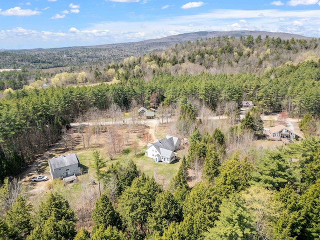 drone / aerial view with a wooded view