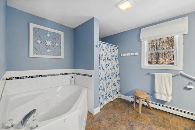 bathroom featuring a garden tub, tile patterned flooring, baseboards, a baseboard heating unit, and a shower with curtain