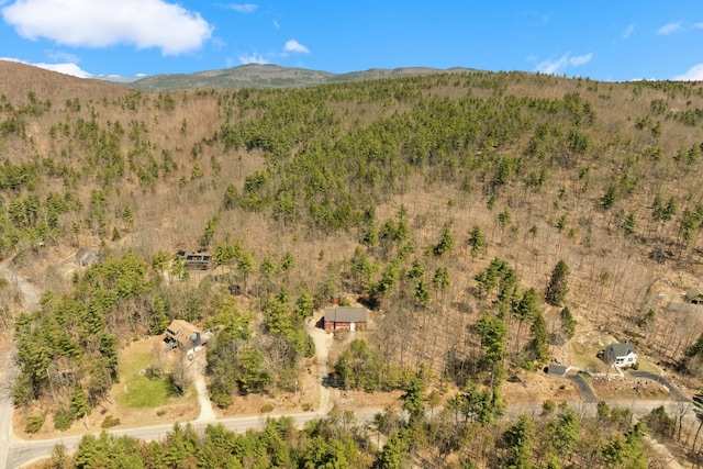 aerial view featuring a view of trees and a mountain view
