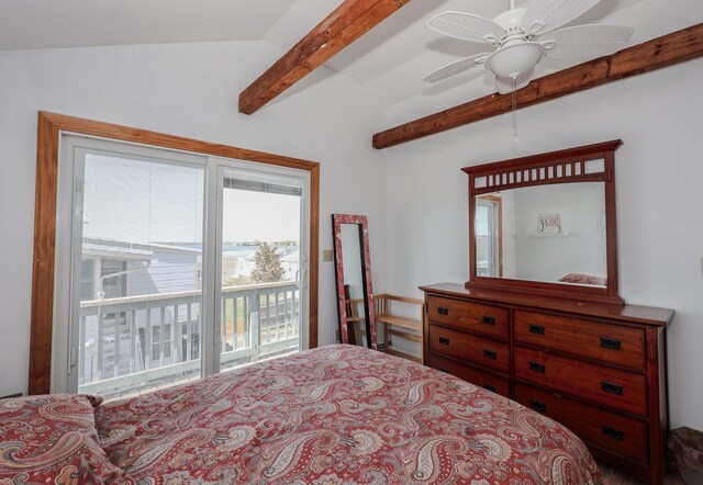 bedroom featuring beamed ceiling, access to exterior, and ceiling fan