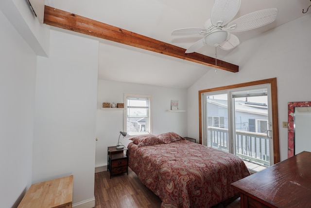 bedroom with wood finished floors, baseboards, ceiling fan, vaulted ceiling with beams, and access to outside