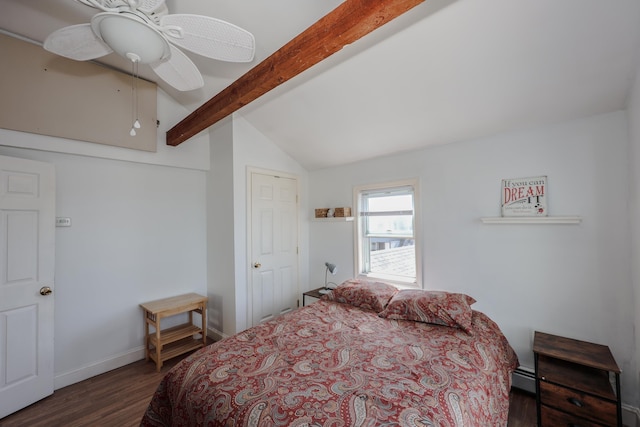 bedroom featuring a ceiling fan, baseboards, vaulted ceiling with beams, wood finished floors, and a baseboard radiator