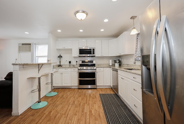 kitchen with a sink, light wood finished floors, a wall mounted air conditioner, stainless steel appliances, and tasteful backsplash