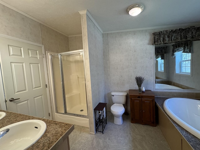 bathroom featuring vanity, ornamental molding, toilet, and a shower stall