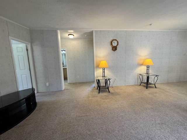 unfurnished room with carpet flooring, a textured ceiling, and crown molding