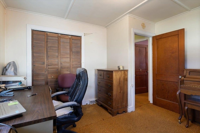 office space with carpet flooring and crown molding