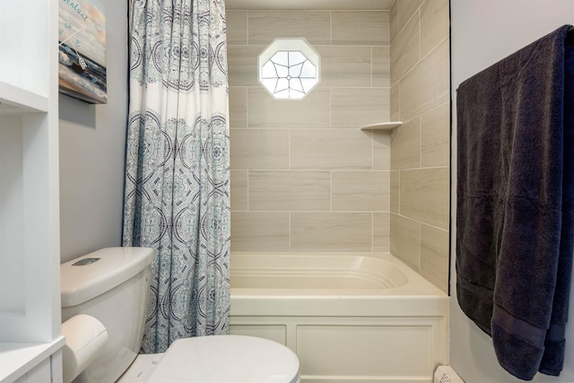 bathroom with toilet and shower / bathtub combination with curtain