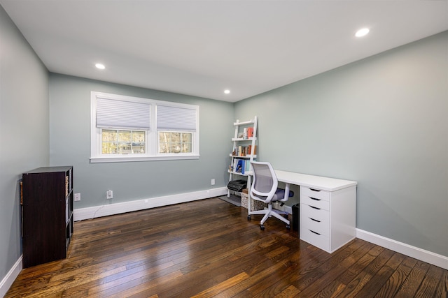 office space featuring baseboards, recessed lighting, and hardwood / wood-style floors