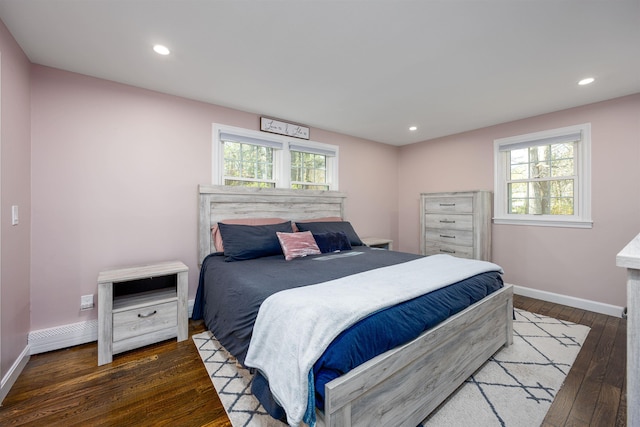 bedroom featuring wood-type flooring, recessed lighting, baseboards, and multiple windows