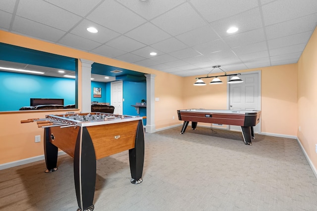 recreation room with carpet flooring, recessed lighting, and baseboards