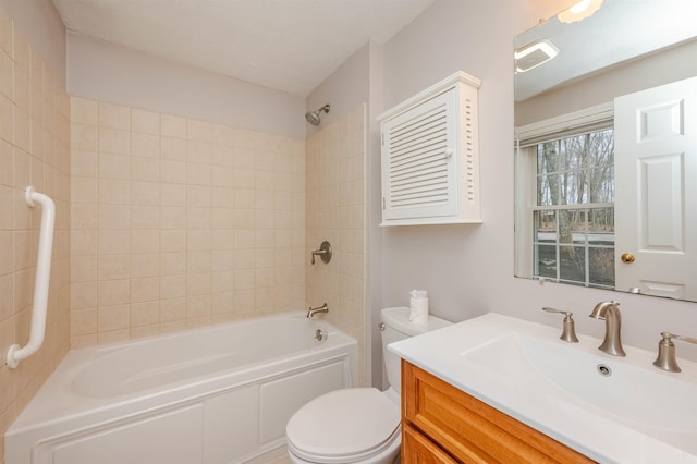bathroom with toilet, visible vents, shower / bathing tub combination, and vanity