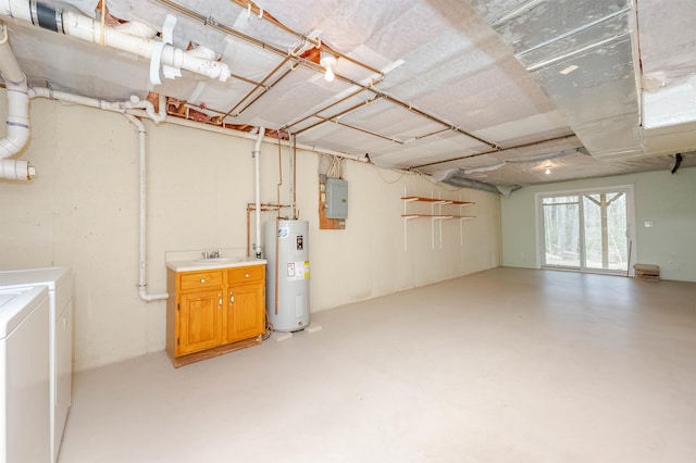 basement with washer and dryer, water heater, and electric panel