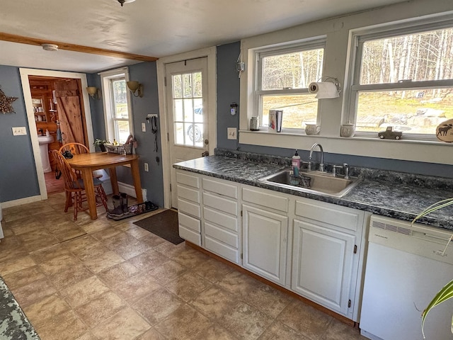 kitchen with white dishwasher, dark countertops, a sink, and white cabinetry