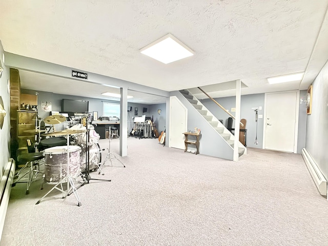 12 Nathaniel Dr, Amherst, NH 03031 - finished basement featuring carpet floors, a textured ceiling, a baseboard heating unit, and stairway