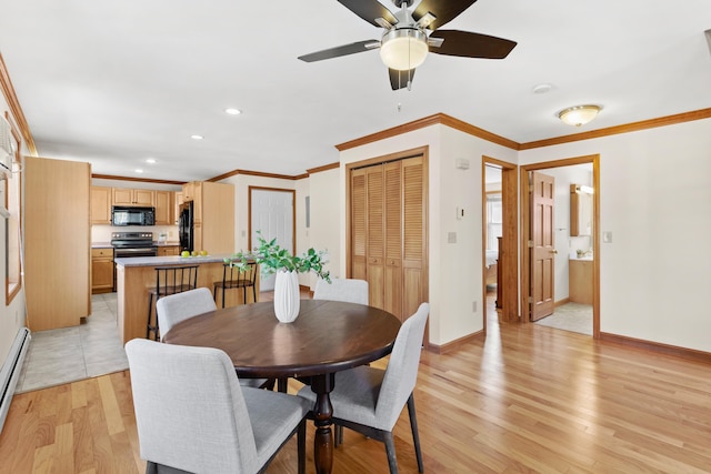dining area featuring light wood-type flooring, ornamental molding, ceiling fan, and recessed lighting