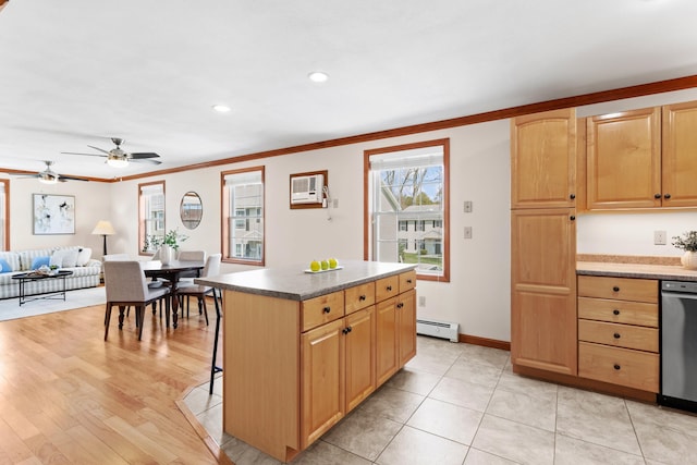 kitchen with recessed lighting, a baseboard radiator, light brown cabinets, and ornamental molding