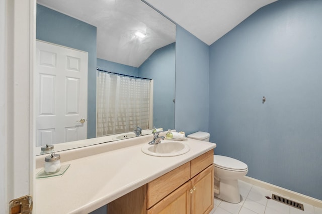 full bathroom featuring visible vents, tile patterned flooring, vaulted ceiling, vanity, and toilet