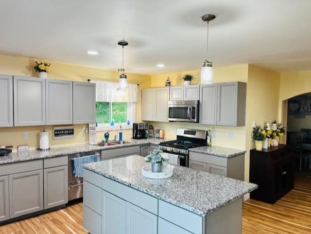 kitchen with stainless steel appliances, gray cabinetry, and light wood-style flooring