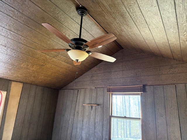 room details featuring wooden walls, a ceiling fan, and wooden ceiling