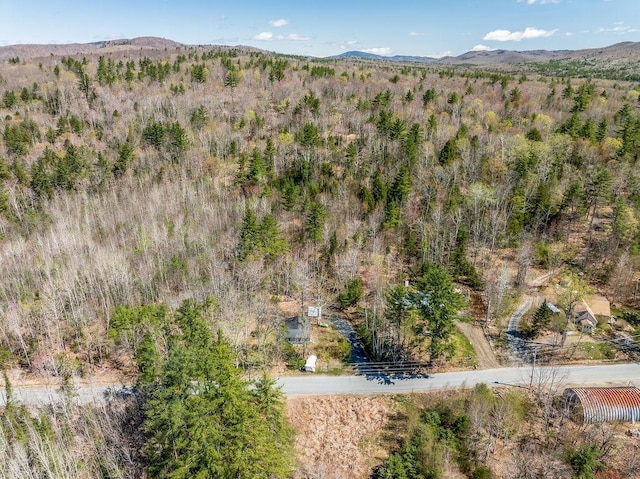 bird's eye view featuring a mountain view and a wooded view