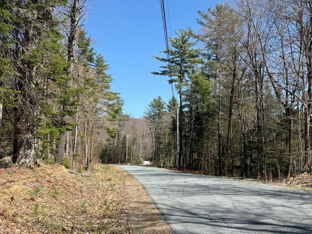 view of street with a forest view